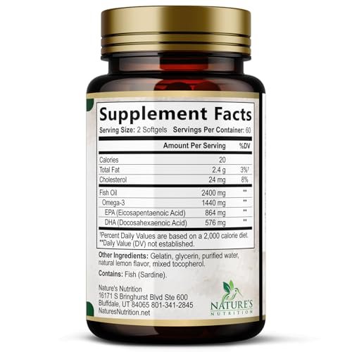 Omega 3 Fischöl Kapseln - 2400mg Fischöl pro Portion - Dreifach-Stärke Omega-3 mit EPA & DHA - Unterstützt Herz, Gehirn & Immunsystem - Wild gefangen, in den USA abgefüllt - 120 Softgels