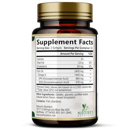 Omega 3 Fischöl Kapseln - 2400mg Fischöl pro Portion - Dreifach-Stärke Omega-3 mit EPA & DHA - Unterstützt Herz, Gehirn & Immunsystem - Wild gefangen, in den USA abgefüllt - 120 Softgels