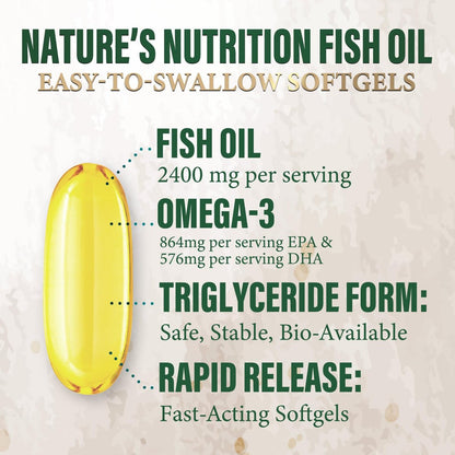 Omega 3 Fischöl Kapseln - 2400mg Fischöl pro Portion - Dreifach-Stärke Omega-3 mit EPA & DHA - Unterstützt Herz, Gehirn & Immunsystem - Wild gefangen, in den USA abgefüllt - 120 Softgels
