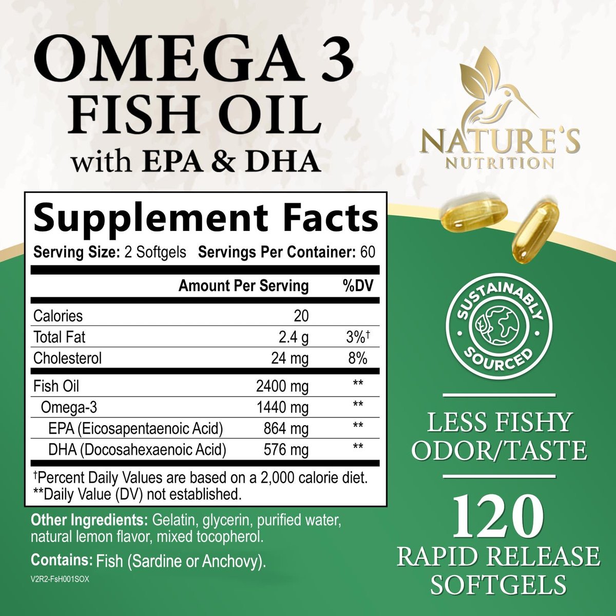 Omega 3 Fischöl Kapseln - 2400mg Fischöl pro Portion - Dreifach-Stärke Omega-3 mit EPA & DHA - Unterstützt Herz, Gehirn & Immunsystem - Wild gefangen, in den USA abgefüllt - 120 Softgels