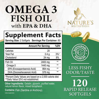 Omega 3 Fischöl Kapseln - 2400mg Fischöl pro Portion - Dreifach-Stärke Omega-3 mit EPA & DHA - Unterstützt Herz, Gehirn & Immunsystem - Wild gefangen, in den USA abgefüllt - 120 Softgels