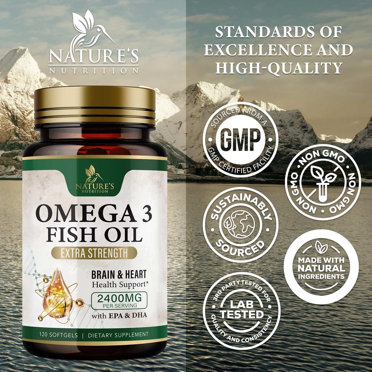 Omega 3 Fischöl Kapseln - 2400mg Fischöl pro Portion - Dreifach-Stärke Omega-3 mit EPA & DHA - Unterstützt Herz, Gehirn & Immunsystem - Wild gefangen, in den USA abgefüllt - 120 Softgels