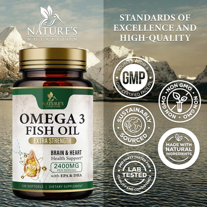 Omega 3 Fischöl Kapseln - 2400mg Fischöl pro Portion - Dreifach-Stärke Omega-3 mit EPA & DHA - Unterstützt Herz, Gehirn & Immunsystem - Wild gefangen, in den USA abgefüllt - 120 Softgels