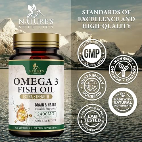 Omega 3 Fischöl Kapseln - 2400mg Fischöl pro Portion - Dreifach-Stärke Omega-3 mit EPA & DHA - Unterstützt Herz, Gehirn & Immunsystem - Wild gefangen, in den USA abgefüllt - 120 Softgels