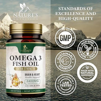 Omega 3 Fischöl Kapseln - 2400mg Fischöl pro Portion - Dreifach-Stärke Omega-3 mit EPA & DHA - Unterstützt Herz, Gehirn & Immunsystem - Wild gefangen, in den USA abgefüllt - 120 Softgels