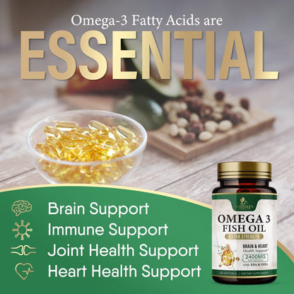 Omega 3 Fischöl Kapseln - 2400mg Fischöl pro Portion - Dreifach-Stärke Omega-3 mit EPA & DHA - Unterstützt Herz, Gehirn & Immunsystem - Wild gefangen, in den USA abgefüllt - 120 Softgels