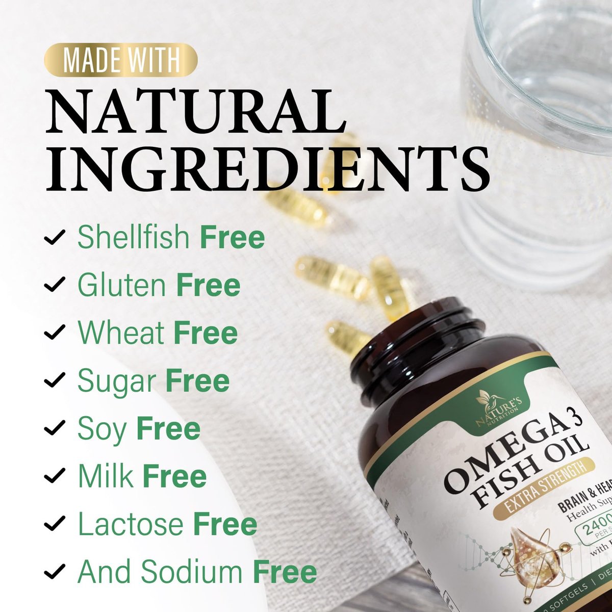 Omega 3 Fischöl Kapseln - 2400mg Fischöl pro Portion - Dreifach-Stärke Omega-3 mit EPA & DHA - Unterstützt Herz, Gehirn & Immunsystem - Wild gefangen, in den USA abgefüllt - 120 Softgels