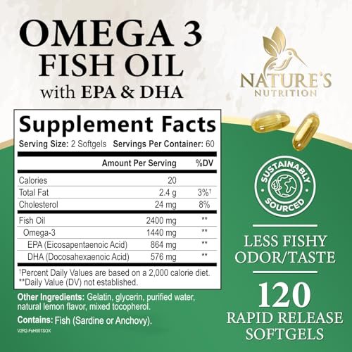 Omega 3 Fischöl Kapseln - 2400mg Fischöl pro Portion - Dreifach-Stärke Omega-3 mit EPA & DHA - Unterstützt Herz, Gehirn & Immunsystem - Wild gefangen, in den USA abgefüllt - 120 Softgels
