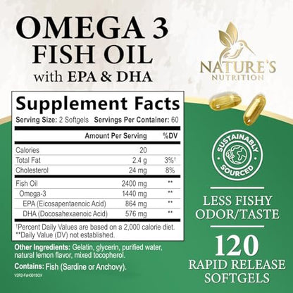 Omega 3 Fischöl Kapseln - 2400mg Fischöl pro Portion - Dreifach-Stärke Omega-3 mit EPA & DHA - Unterstützt Herz, Gehirn & Immunsystem - Wild gefangen, in den USA abgefüllt - 120 Softgels