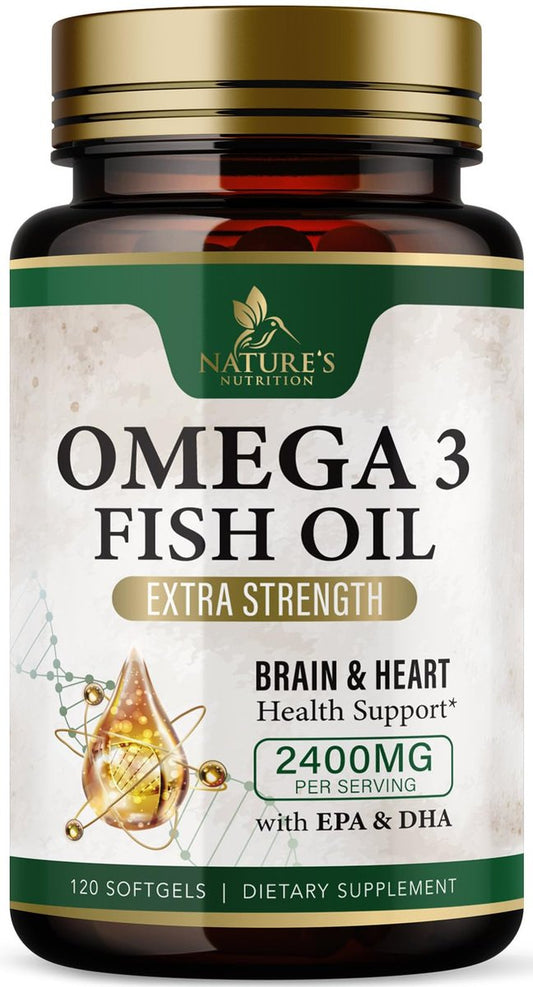 Omega 3 Fischöl Kapseln - 2400mg Fischöl pro Portion - Dreifach-Stärke Omega-3 mit EPA & DHA - Unterstützt Herz, Gehirn & Immunsystem - Wild gefangen, in den USA abgefüllt - 120 Softgels