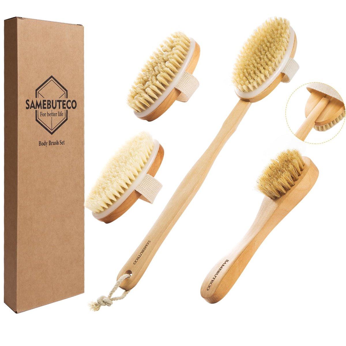 SAMEBUTECO Trockenbürsten-Set für Körper und Gesicht mit langem Stiel, Naturborsten, abnehmbare Holzbürste, 3 Bürstenköpfe für Peeling und Körperpflege