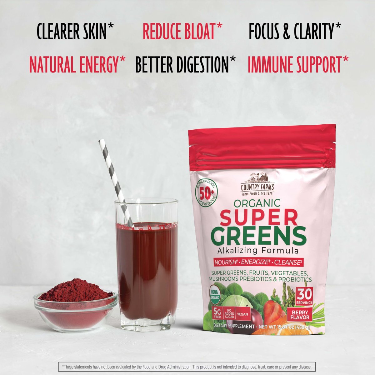 Country Farms Super Greens Berry Geschmack – 50 Bio-Superfoods, USDA Bio-Getränkepulver (Weizengras, Spirulina, Chlorella) mit Pilzen & Probiotika, Ballaststoffe, Darmgesundheit, natürliche Energie, 30 Portionen