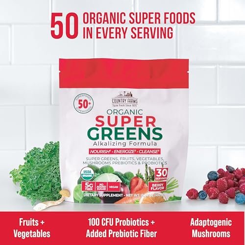 Country Farms Super Greens Berry Geschmack – 50 Bio-Superfoods, USDA Bio-Getränkepulver (Weizengras, Spirulina, Chlorella) mit Pilzen & Probiotika, Ballaststoffe, Darmgesundheit, natürliche Energie, 30 Portionen