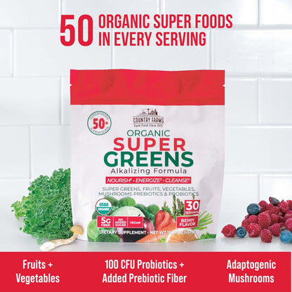 Country Farms Super Greens Berry Geschmack – 50 Bio-Superfoods, USDA Bio-Getränkepulver (Weizengras, Spirulina, Chlorella) mit Pilzen & Probiotika, Ballaststoffe, Darmgesundheit, natürliche Energie, 30 Portionen