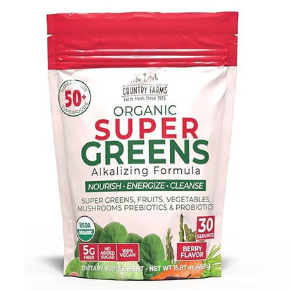 Country Farms Super Greens Berry Geschmack – 50 Bio-Superfoods, USDA Bio-Getränkepulver (Weizengras, Spirulina, Chlorella) mit Pilzen & Probiotika, Ballaststoffe, Darmgesundheit, natürliche Energie, 30 Portionen