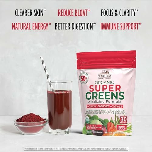 Country Farms Super Greens Berry Geschmack – 50 Bio-Superfoods, USDA Bio-Getränkepulver (Weizengras, Spirulina, Chlorella) mit Pilzen & Probiotika, Ballaststoffe, Darmgesundheit, natürliche Energie, 30 Portionen