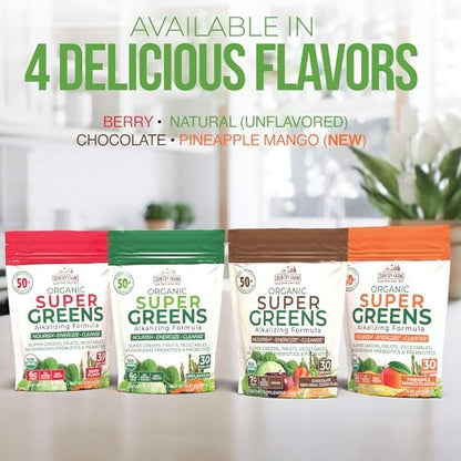 Country Farms Super Greens Berry Geschmack – 50 Bio-Superfoods, USDA Bio-Getränkepulver (Weizengras, Spirulina, Chlorella) mit Pilzen & Probiotika, Ballaststoffe, Darmgesundheit, natürliche Energie, 30 Portionen