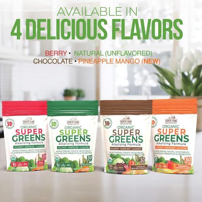 Country Farms Super Greens Berry Geschmack – 50 Bio-Superfoods, USDA Bio-Getränkepulver (Weizengras, Spirulina, Chlorella) mit Pilzen & Probiotika, Ballaststoffe, Darmgesundheit, natürliche Energie, 30 Portionen