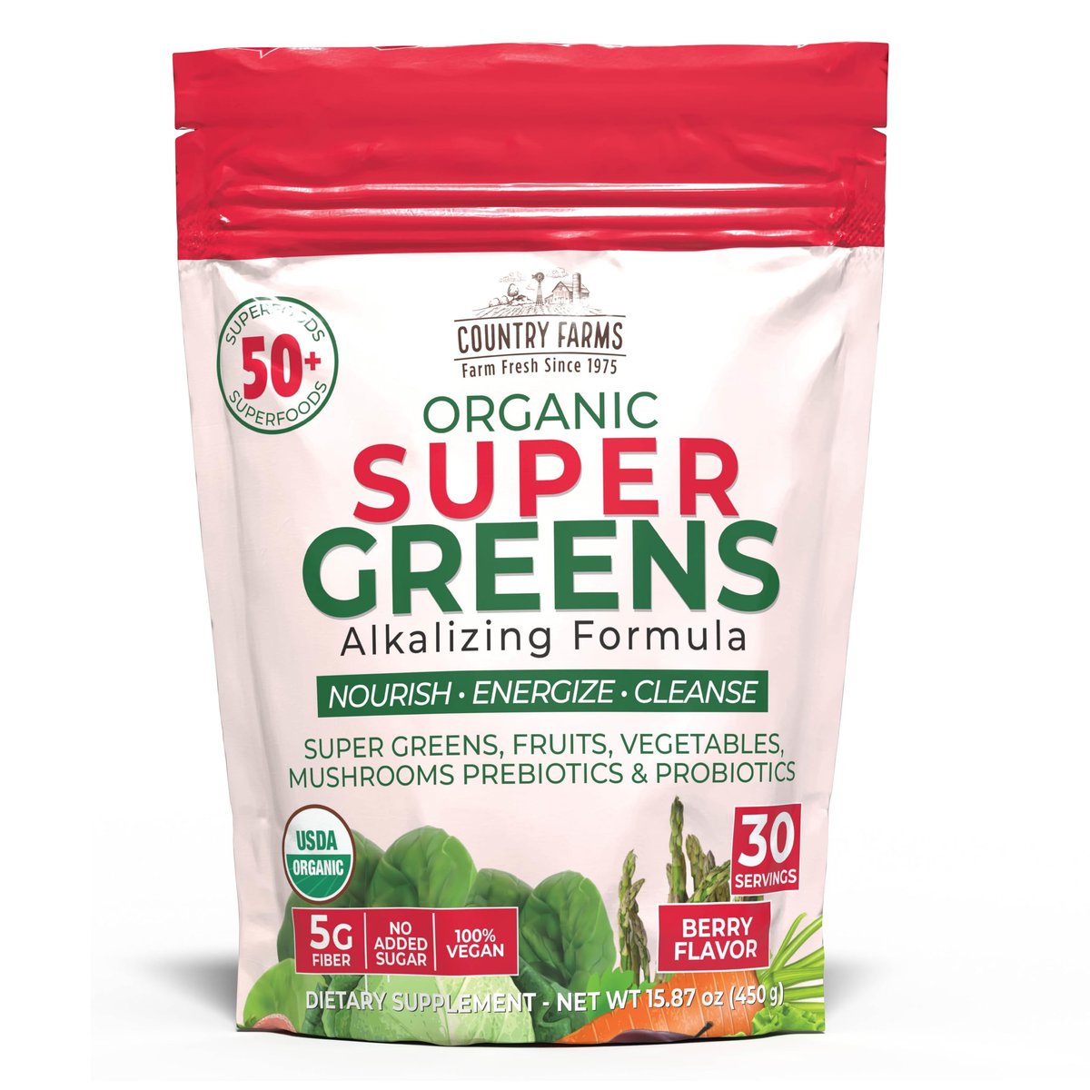 Country Farms Super Greens Berry Geschmack – 50 Bio-Superfoods, USDA Bio-Getränkepulver (Weizengras, Spirulina, Chlorella) mit Pilzen & Probiotika, Ballaststoffe, Darmgesundheit, natürliche Energie, 30 Portionen