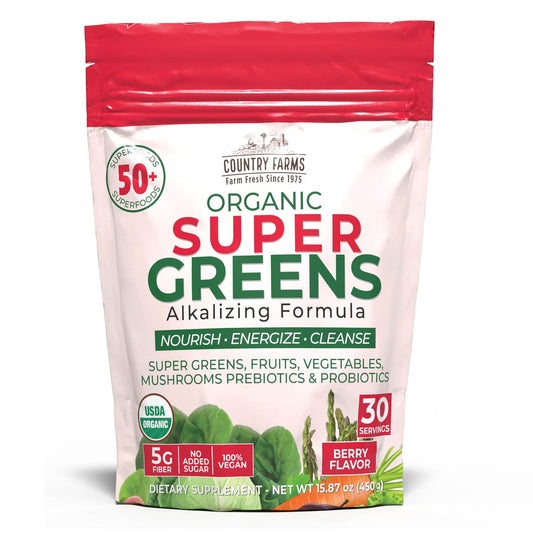 Country Farms Super Greens Berry Geschmack – 50 Bio-Superfoods, USDA Bio-Getränkepulver (Weizengras, Spirulina, Chlorella) mit Pilzen & Probiotika, Ballaststoffe, Darmgesundheit, natürliche Energie, 30 Portionen