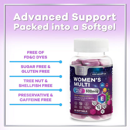 Multivitamin für Frauen – Tägliches Frauen-Multivitamin mit Biotin, Calcium, Folsäure, Eisen, Zink, Vitamin A, C, D, E & B-Vitaminen – Nahrungsergänzungsmittel für Haar, Haut und Nägel – 60 Softgels