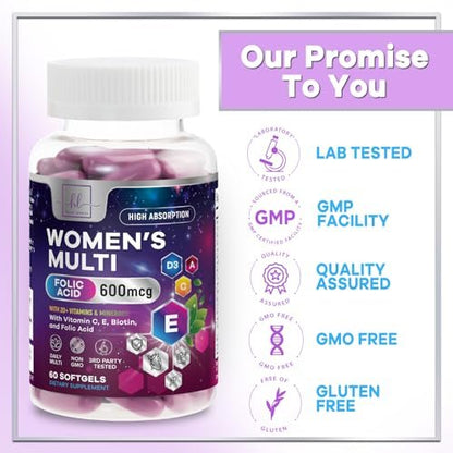 Multivitamin für Frauen – Tägliches Frauen-Multivitamin mit Biotin, Calcium, Folsäure, Eisen, Zink, Vitamin A, C, D, E & B-Vitaminen – Nahrungsergänzungsmittel für Haar, Haut und Nägel – 60 Softgels