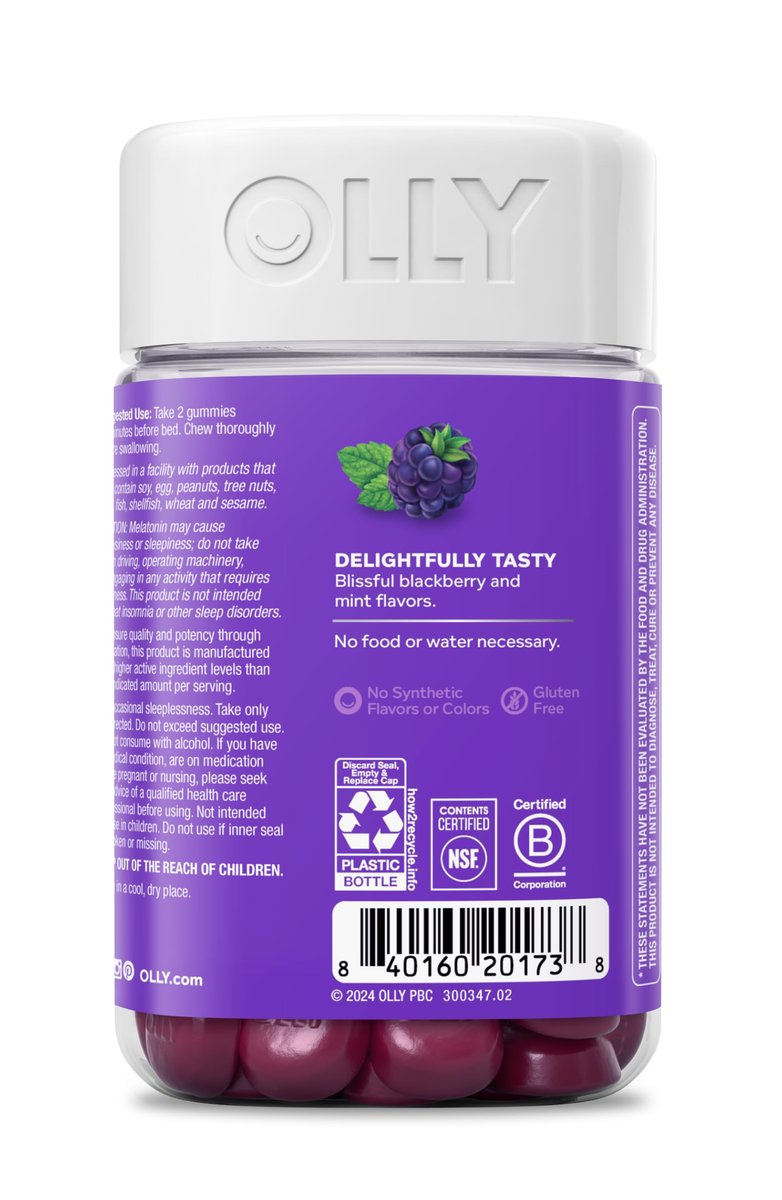 OLLY Sleep Gummy – 3mg Melatonin, L-Theanin, Kamille, Melisse – Schlafhilfe mit Blackberry-Geschmack, 90 Stück