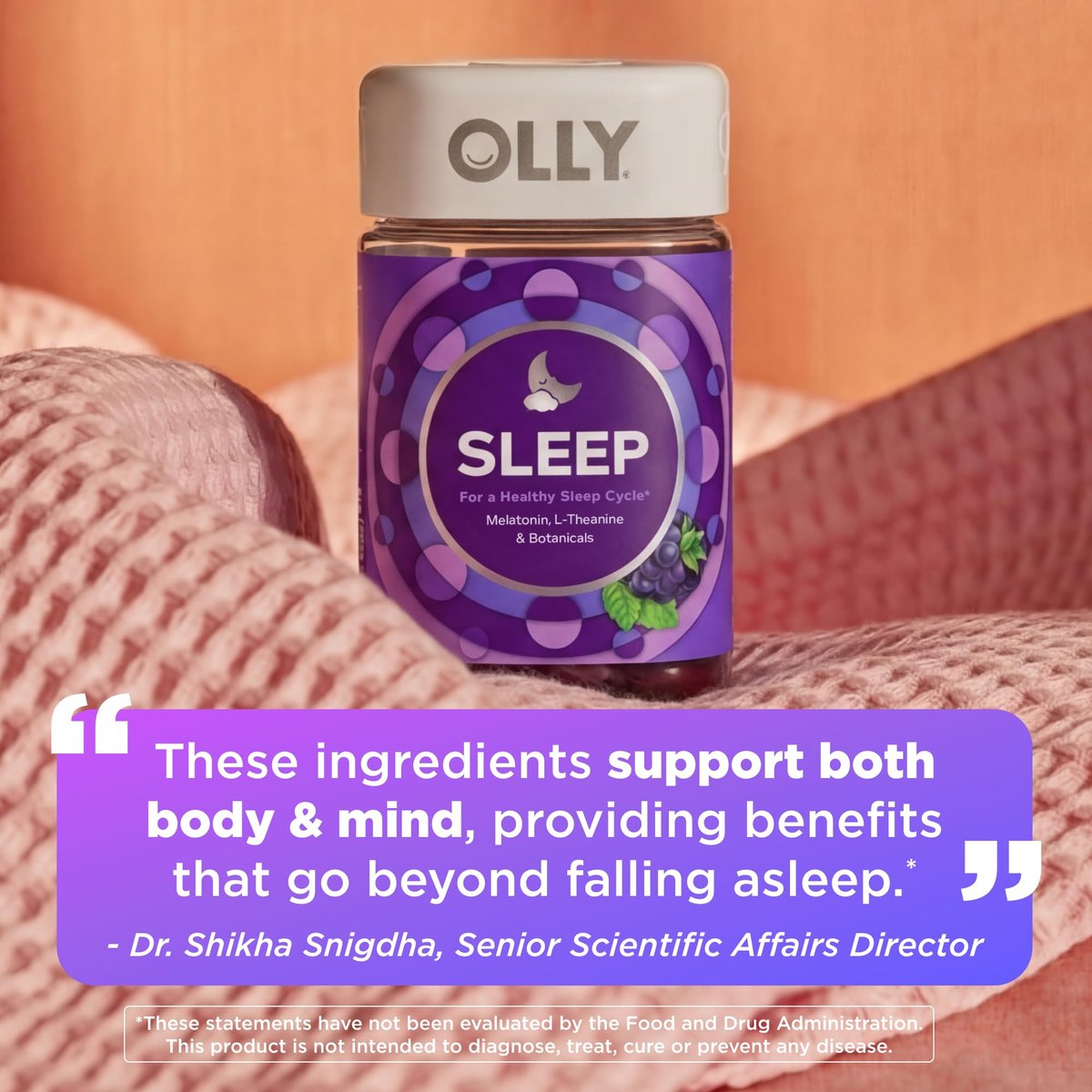 OLLY Sleep Gummy – 3mg Melatonin, L-Theanin, Kamille, Melisse – Schlafhilfe mit Blackberry-Geschmack, 90 Stück