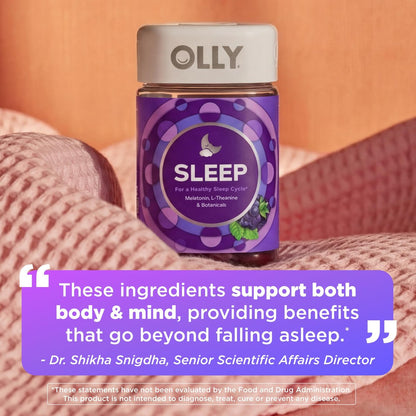 OLLY Sleep Gummy – 3mg Melatonin, L-Theanin, Kamille, Melisse – Schlafhilfe mit Blackberry-Geschmack, 90 Stück