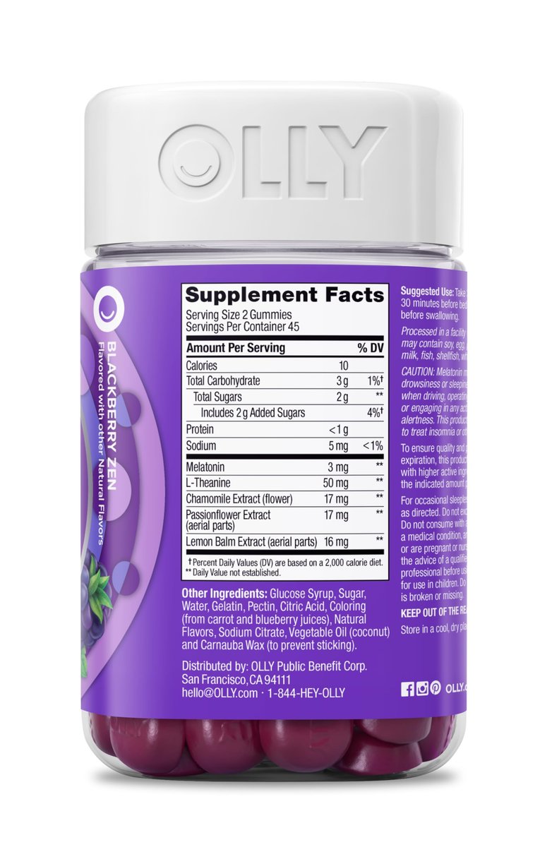 OLLY Sleep Gummy – 3mg Melatonin, L-Theanin, Kamille, Melisse – Schlafhilfe mit Blackberry-Geschmack, 90 Stück