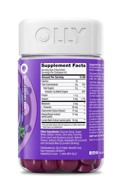 OLLY Sleep Gummy – 3mg Melatonin, L-Theanin, Kamille, Melisse – Schlafhilfe mit Blackberry-Geschmack, 90 Stück