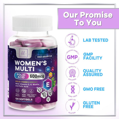Multivitamin für Frauen - Tägliche Frauen-Multivitamine mit Biotin, Calcium, Folsäure, Eisen, Zink, Vitamin A, C, D, E & B-Vitamine - Nahrungsergänzungsmittel für Haare, Haut und Nägel - 120 Softgels
