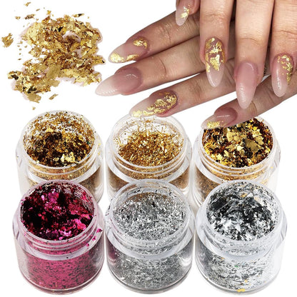 Fcozpjk Goldfolien-Flocken für Nagelkunst, 6 Flaschen unregelmäßige Silber-Hot Pink-Goldfolie für Nägel, Goldener Glitzer-Nagelverzierung, Metallic-Nagelkunst-Glitzerflocken, Glänzende Maniküre-Sequins