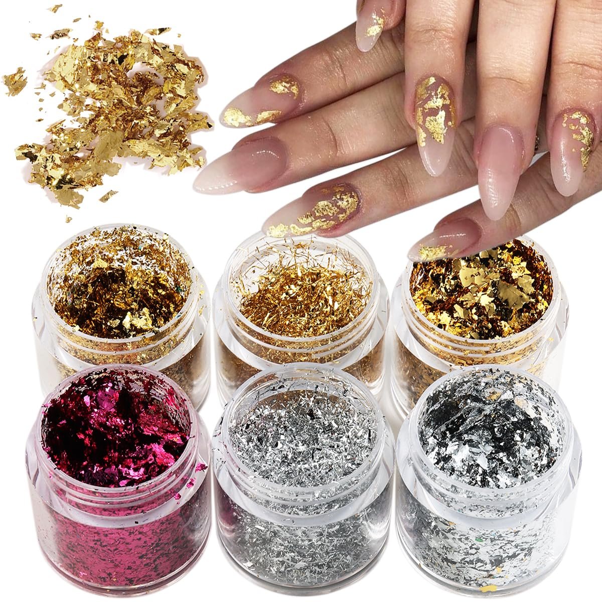 Fcozpjk Goldfolien-Flocken für Nagelkunst, 6 Flaschen unregelmäßige Silber-Hot Pink-Goldfolie für Nägel, Goldener Glitzer-Nagelverzierung, Metallic-Nagelkunst-Glitzerflocken, Glänzende Maniküre-Sequins