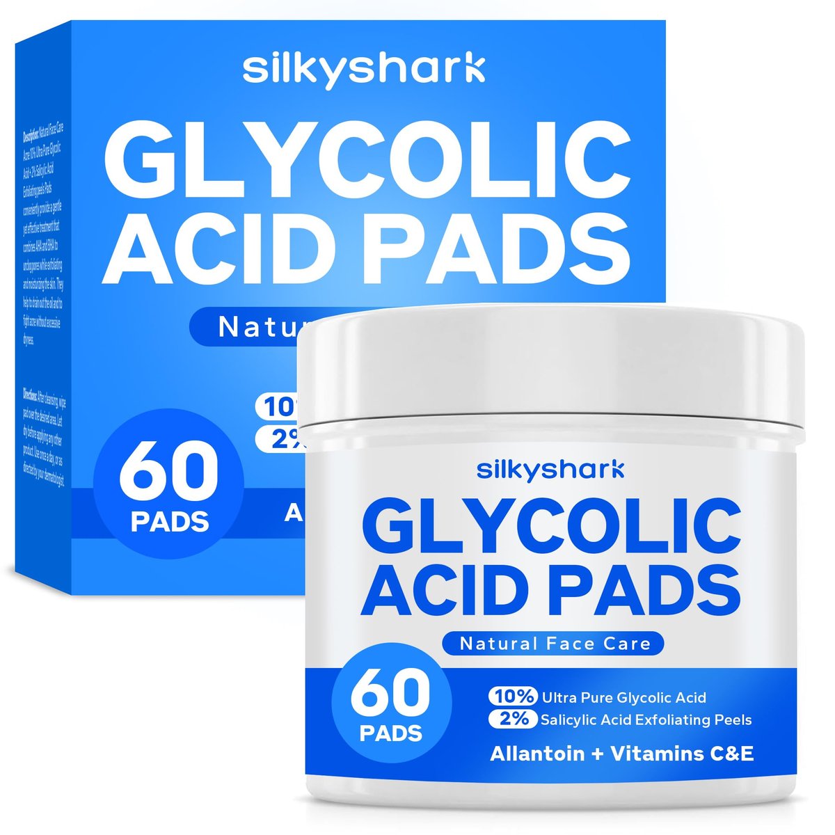 SilkyShark Glykolische Säure Peeling-Pads (60 Stück), 10% Ultra Pure + 2% Salicylsäure, Gesichtspeeling-Pads, Effektives chemisches Peeling, Strahlende Hauterneuerung