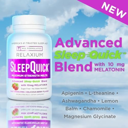 Relaxium Sleep Quick Maximum Strength Melts – Schnell wirkendes Schlafmittel mit 10 mg Melatonin, vegan, glutenfrei, hergestellt in den USA, 100 Portionen, Beerengeschmack