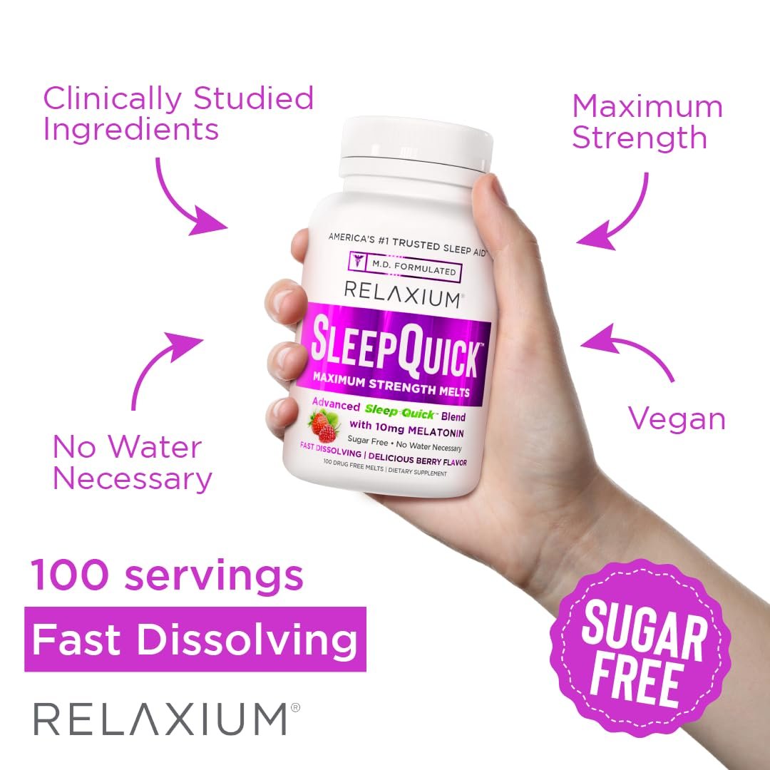 Relaxium Sleep Quick Maximum Strength Melts – Schnell wirkendes Schlafmittel mit 10 mg Melatonin, vegan, glutenfrei, hergestellt in den USA, 100 Portionen, Beerengeschmack