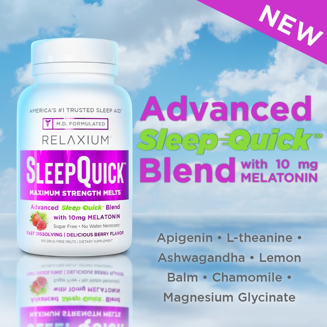Relaxium Sleep Quick Maximum Strength Melts – Schnell wirkendes Schlafmittel mit 10 mg Melatonin, vegan, glutenfrei, hergestellt in den USA, 100 Portionen, Beerengeschmack