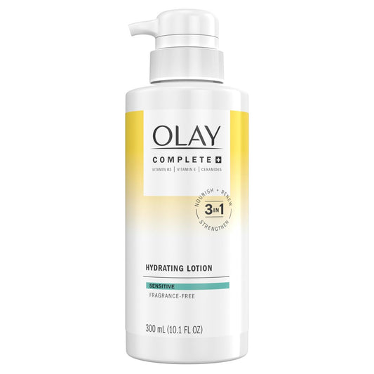 Olay Complete+ Feuchtigkeitslotion ohne Duftstoffe, 10,1 Fl Oz, 3-in-1 pflegende Gesichtsfeuchtigkeitscreme für alle Hauttypen mit Vitamin B3, Vitamin E und Ceramiden