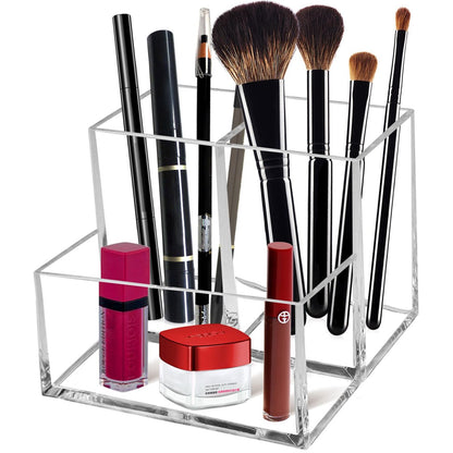 Cerpourt Klarer Acryl Make-up-Pinsel-Organizer, Mehrzweck-Kosmetikpinsel-Aufbewahrungsbehälter mit 3 Fächern, Stifthalter für den Schreibtisch, Schreibtisch-Organizer und Zubehör für die Schminkkommode