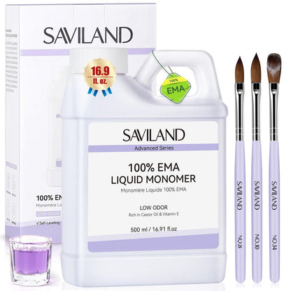SAVILAND Fortgeschrittenes Monomer Acryl-Nagelflüssigkeit-Set: Reines EMA 500 ml Acrylflüssigkeit mit geringem Geruch, inkl. 3 Acrylpinsel und Näpfchen für French-Nail-Verlängerungen und DIY-Nagelmodellage