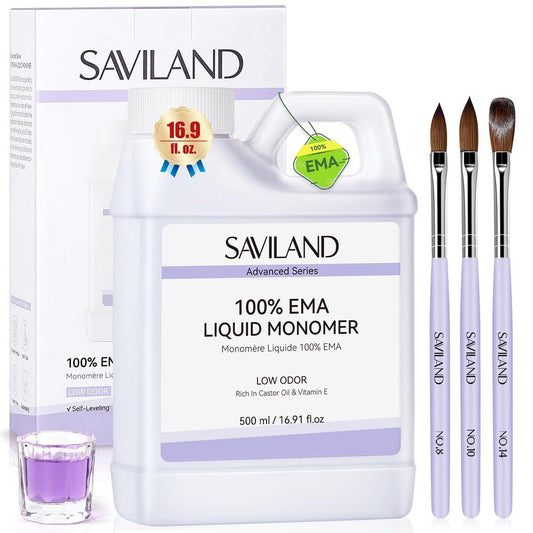 SAVILAND Fortgeschrittenes Monomer Acryl-Nagelflüssigkeit-Set: Reines EMA 500 ml Acrylflüssigkeit mit geringem Geruch, inkl. 3 Acrylpinsel und Näpfchen für French-Nail-Verlängerungen und DIY-Nagelmodellage
