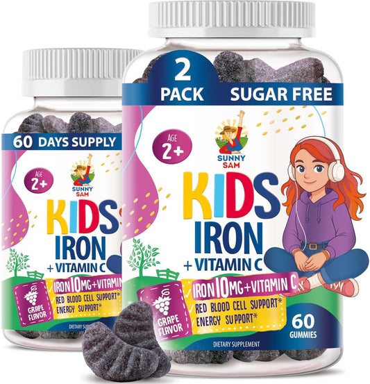 SUNNY SAM Eisen Gummibärchen für Kinder & Teenager - 10 mg Eisen mit Vitamin C - Zuckerarme, kaubare Eisen-Gummis für Immunsystem-Unterstützung, Unterstützt die Produktion roter Blutkörperchen für Kinder & Teenager-Mädchen