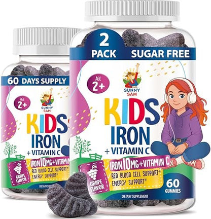 SUNNY SAM Eisen Gummibärchen für Kinder & Teenager - 10 mg Eisen mit Vitamin C - Zuckerarme, kaubare Eisen-Gummis für Immunsystem-Unterstützung, Unterstützt die Produktion roter Blutkörperchen für Kinder & Teenager-Mädchen