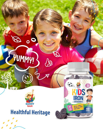 SUNNY SAM Eisen Gummibärchen für Kinder & Teenager - 10 mg Eisen mit Vitamin C - Zuckerarme, kaubare Eisen-Gummis für Immunsystem-Unterstützung, Unterstützt die Produktion roter Blutkörperchen für Kinder & Teenager-Mädchen