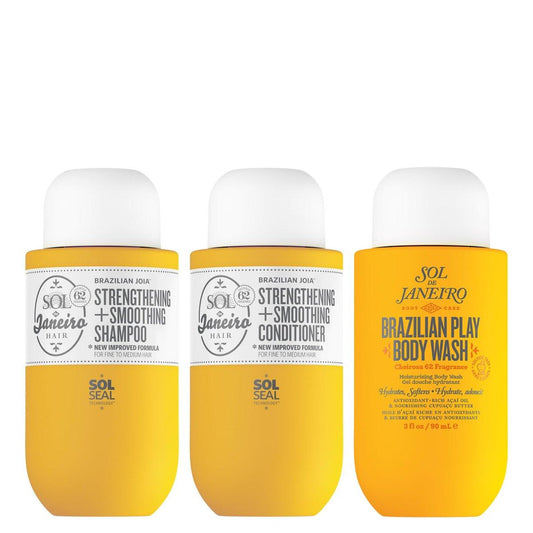 Sol de Janeiro Ultimate Shower Bundle – Reisegröße Mini Brazilian Play Feuchtigkeitsspendendes Duschcreme-Gel + Brazilian Joia Schadenreparatur Shampoo und Conditioner Set