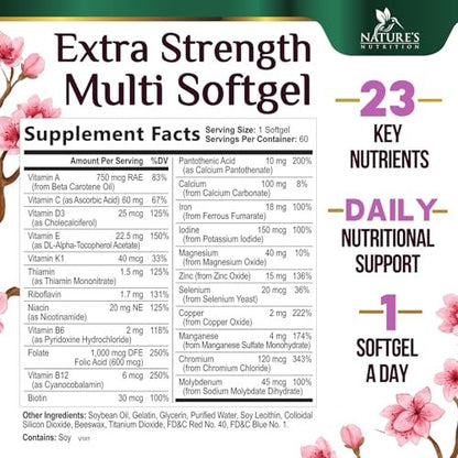 Multivitamin für Frauen – Tägliche Frauen-Multivitamine mit Kalzium, Folsäure, Vitamin A, C, D, E & B-Vitaminen, Zink und Eisen – Vitamine für Knochen-, Energie- & Immununterstützung – 60 Softgels