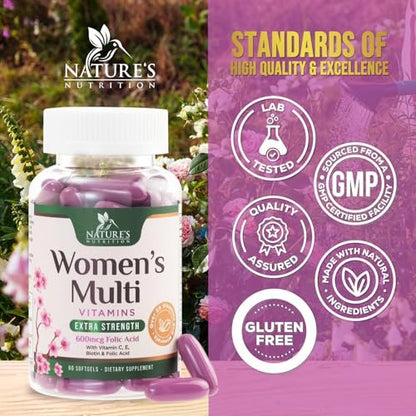 Multivitamin für Frauen – Tägliche Frauen-Multivitamine mit Kalzium, Folsäure, Vitamin A, C, D, E & B-Vitaminen, Zink und Eisen – Vitamine für Knochen-, Energie- & Immununterstützung – 60 Softgels