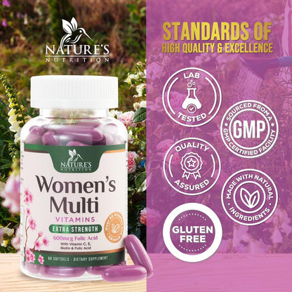 Multivitamin für Frauen – Tägliche Frauen-Multivitamine mit Kalzium, Folsäure, Vitamin A, C, D, E & B-Vitaminen, Zink und Eisen – Vitamine für Knochen-, Energie- & Immununterstützung – 60 Softgels