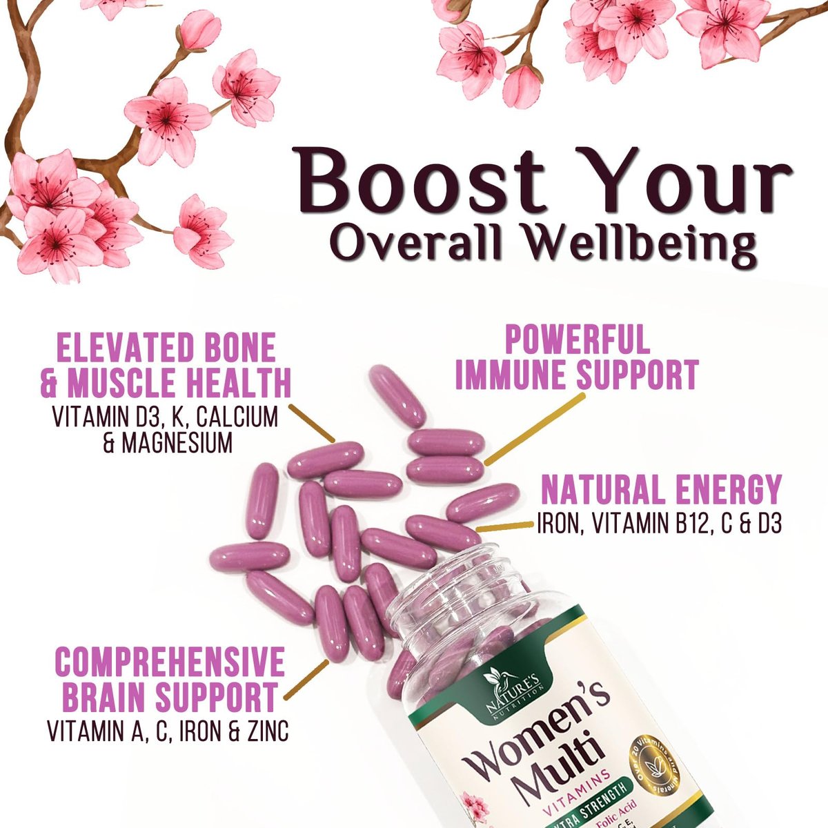 Multivitamin für Frauen – Tägliche Frauen-Multivitamine mit Kalzium, Folsäure, Vitamin A, C, D, E & B-Vitaminen, Zink und Eisen – Vitamine für Knochen-, Energie- & Immununterstützung – 60 Softgels